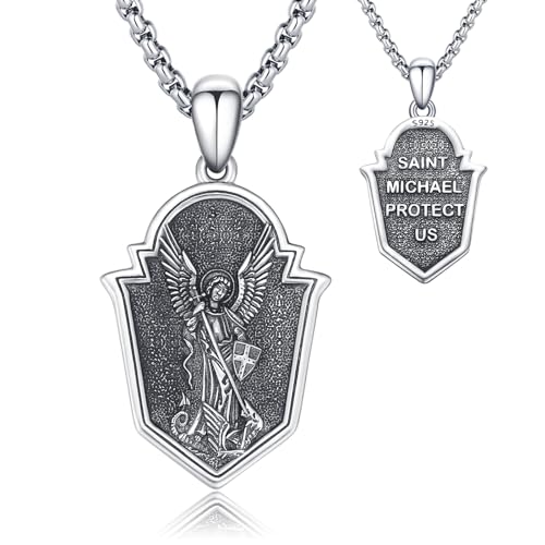 CRWENG Collar de plata de ley 925 con colgante de San Miguel y Arcángel, amuleto de San Miguel, medalla milagrosa de arcángel, joyería religiosa para protegernos, Plata