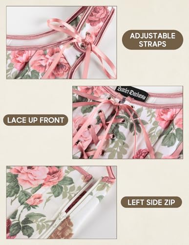Image of Scarlet Darkness Corset Tops for Women Floral Renaissance Bustier Bodice | Ideal for Halloween, Ren Faire, Theme Party; Overbust, Adjustable Straps, Lace Up, Irregular Hem, Zip Closure, Hand Wash