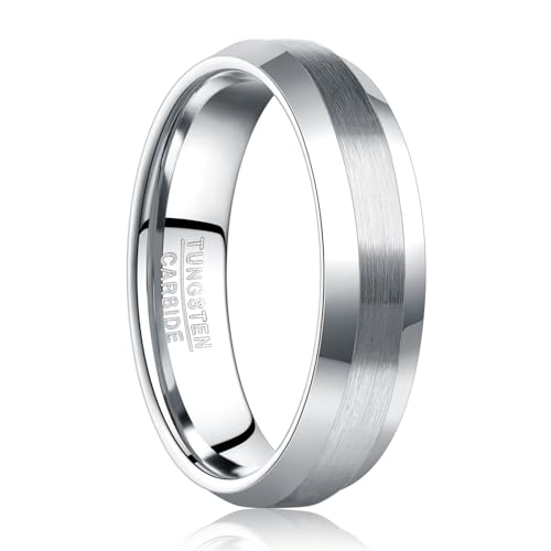 NUNCAD Ringe Silber Herren 6mm Wolfram Ring Einfache Eheringe mit Große Abgeschrägte Kanten Größe 54.4(17.3) NUNCAD Ringe Silber Herren 6mm Wolfram Ring Einfache Eheringe mit Große Abgeschrägte Kanten Größe 54.4(17.3)