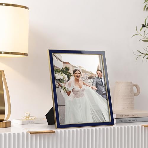 Image of eletecpro 8x10 Enamel Picture Frame with Real Glass Cover, Cute Photo Frame with Gold Metal Edge, Horizontal and Vertical Display Pictures 8 by 10 for Tabletop and Wall Decor, Navy, 1 Pack