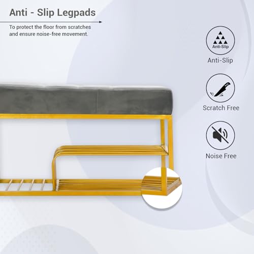 Image of Luxury Velvet Storage Bench with Shoe Rack | Upholstered Entryway Ottoman Seat | Soft Cushioned Sitting | Gold Metal Frame Furniture | End of Bed Seating for Bedroom, Living Room & Hallway|Fossil Grey