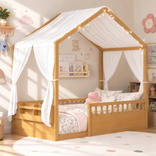 Image of Bellemave Twin House BedFrame with Canopy, Montessori House Bed with LED and Bookshelf and Rails for Kids, Natural