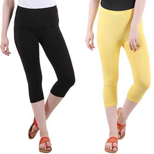 Image of DIAZ Women Cotton Stretchable Capri | Slim /Regular Fit | Breathable Yoga, Gym & Lounge Wear | High-Waist Stretchable 3 /4 Length Leggings with Wide Waistband - Pack of 2