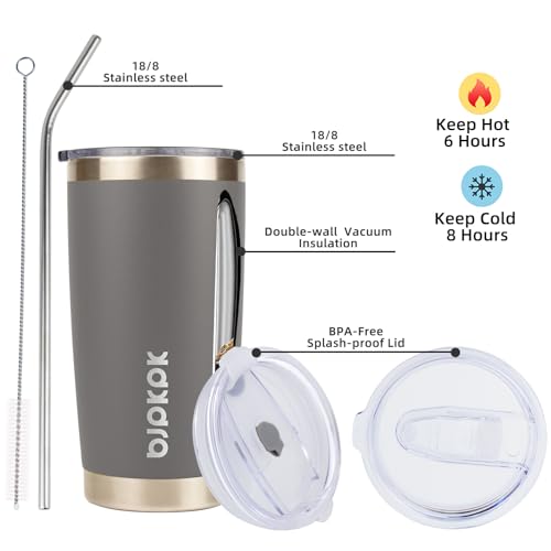 Image of BJPKPK 20 oz Coffee Tumbler with Lid, Straw, Insulated Stainless Steel Mug | Double Wall Vacuum, Keeps Hot /Cold, BPA Free, Leak Proof, Iced Coffee Cup Fit Car Holder, Travel & Beach Ready, Gray