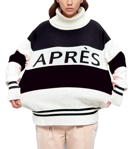 Image of Women Stripe Sleeve Sweaters Turtleneck Warm Sweaters Apres Ski Patchwork Colorblock Tops Winter Outfits