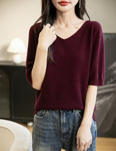 Women's V-Neck 100% Merino Wool Spring Fall Winter First-Line Ready to Wear Seamless Knit Shirt Short Sleeve Sweater3