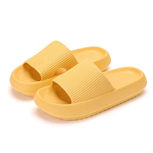 Pillow Slippers for Women, Non-Slip Massage Foam Shower Bathroom Home Floor Thick Sole Quick Drying Cloud Cushion Womens Mens Sandals, Soft Comfortable Platform Open Toe Shoes (Yellow, Eur36/37)