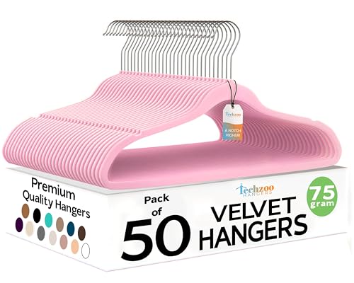 Image of Techzoo Premium Velvet Hangers 50 Pack Ultra Thin Non Slip Adult Felt Space Saving Suit Hanger for Closet Heavy Duty Coat Pants Jackets Dress Hangers 360 Swivel Hook Hold Upto 10 lbs Pink
