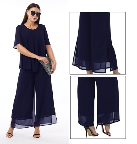 Women's 2 Piece Chiffon Sets Outfits Flowy Ruffle Layers Casual Dressy Wedding Guest Pant Suits2