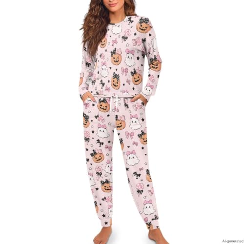 Image of Women's 2 Piece Printed Pajama Set Long Sleeve Sleepwear Set with Long Pants Casual Lounge Sets with Pocket