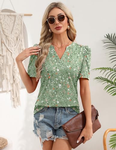 Image of Zeagoo Women Blouses Puff Short Sleeve Tops V Neck Dressy Casual Spring Shirts Boho Floral Cute Clothes 2026