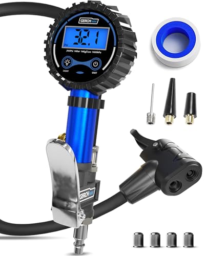 GERCHWAY Digitaler Reifenfüller mit Manometer 0-14 bar – Ventil-Adapter für Presta/SV (Französisches Ventil) und Schrader/AV, Druckluft-Reifendruckprüfer für Luftkompressor – für Fahrrad und Auto