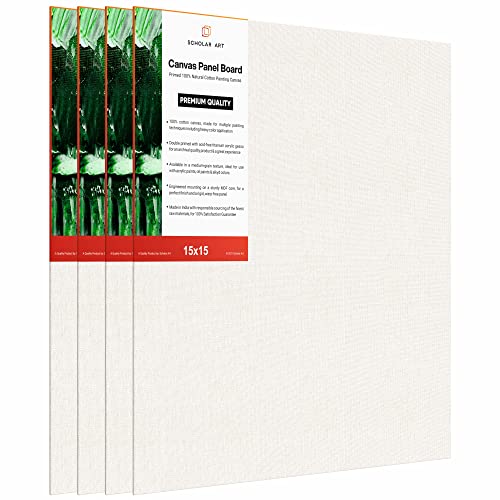 Image of Scholar Art Hobby Series 04 Oz (230 GSM) 100% Cotton Canvas Panel Board for Painting (White Blank Canvas Boards for Acrylic Paint, Oil Paint, Wet & Dry Media) | 15 inchx15 inch (37.5x37.5 cm), Pack of 4
