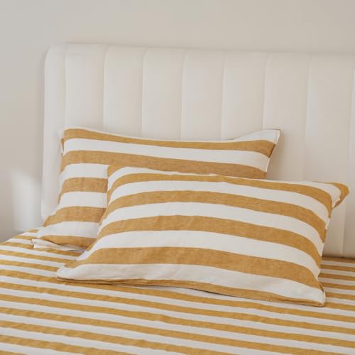S VICTORY SYMBOL Stripe Linen Pillow Cases Set of 2,100% Organic French Natural Linen Soft Yarn Dyed Yellow Stripe Pillowcase,King Size 20"x40"