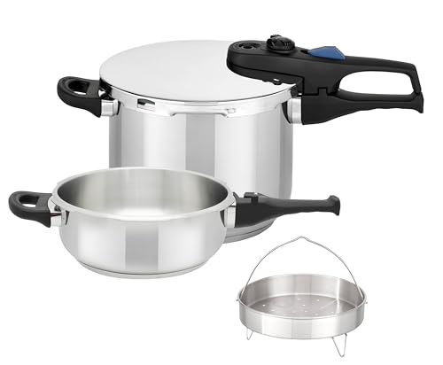 ELO Schnellkochtopf Praktika XL Set 5tlg. 22cm, aus Edelstahl 18/10, automatisches Druckregelsystem, schonendes Garen, starker ELO-Therm Speicherboden, mit Sicherheitsmechanismus, Edelstahl