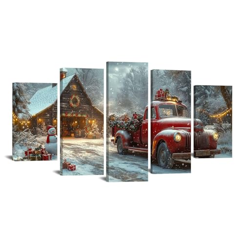 Tableau sur toile hiver JOSUE : 5 pièces 60x125cm déco salon encadrée or