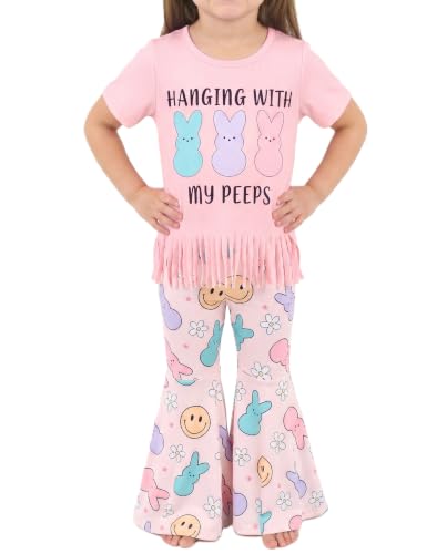 Image of Unique Baby 2 Piece Girls Bell Bottom Leggings Outfit with Short Sleeved Shirt Kid and Toddler Clothes Set