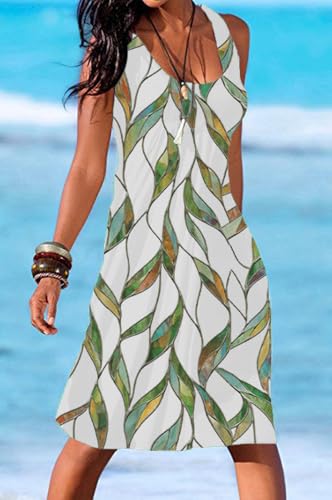 Image of Camisunny Women Casual Loose Tank Dresses Sleeveless Beach Vacation Dress Swing Pleated U Neck Fashion Soft