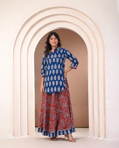 Image of KANNAHI Women Pure Cotton Blue and Rust Ethnic Motif Ajrakh Handblock Printed Kurta Set