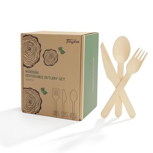 300 Pack Wooden Cutlery Set (Forks Spoons Knives)