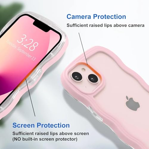 Image of GoldKart iPhone 13 /14 Case Wavy Edge Clear Back Design, Anti-Slip Grip Cute Wave Curly Frame Shape Shockproof Soft TPU & Hard PC Bumper Protective Phone Case Cover for Women Girls - Pink