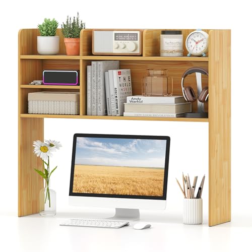 Image of Tangkula Desktop Bookshelf for Computer Up to 32 inch, 37 inch Countertop Storage Hutch with 6 Storage Shelves, 3-Tier Desktop Organizer Display Rack, Wooden Desk Hutch for Dorm Home Office (Burlywood)