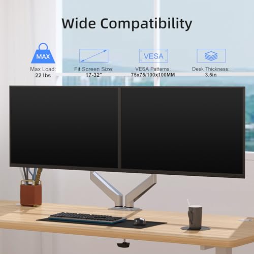 Image of Suptek Dual Monitor Mount Stand-Height Adjustable Gas Spring Monitor Arm Desk Mount for 2 Computer Screens 17 to 32 inches - Each Arm Holds up to 22lbs,Silver(MD8SPS)