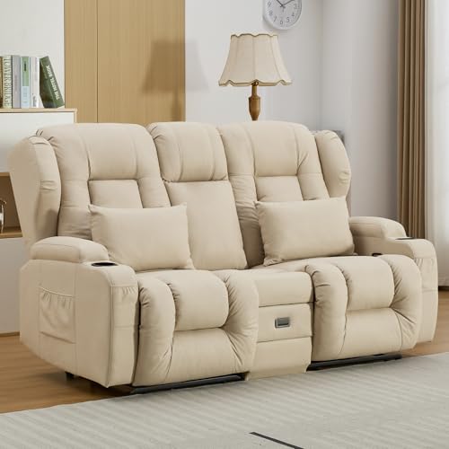 Image of IPKIG 67 inch RV Loveseat Double Recliner Sofa with FILP Back Console, Storage Drawer, Side Pockets, Lychee Pattern Tech Fabric Manual Reclining Chair Home Theater Seating (Beige)