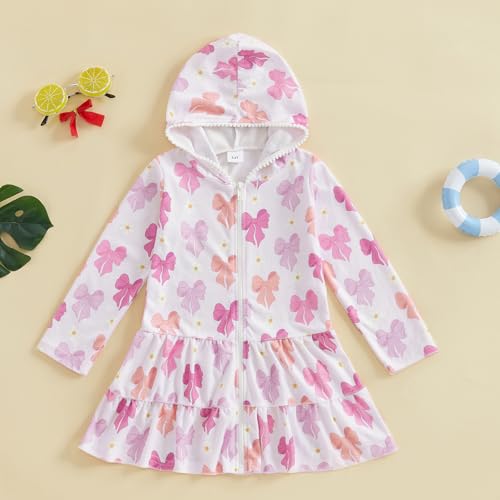 Toddler Girl Swimsuit Cover Up Kids Beach Dress Bow Print Long Sleeve Hooded Bathing Suit Towel Coverup Swimwear2