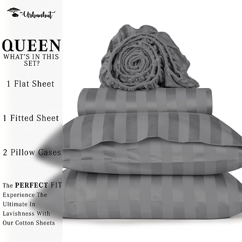 URBANHUT 800 Thread Count Egyptian Cotton Damask Striped Queen Size Sheets Set (4 Pc) - Ultra Soft & Smooth, Sateen Weave Queen Size Sheets, Luxury Hotel Sheets with 16" Deep Pocket - Dark Grey