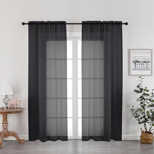 Image of OWENIE Black Sheer Curtains, Sheer Curtains 78 inch Length 2 Panels Set, Rod Pocket Voile Fimly Sheer Drapes for Living Room /Bedroom, 2pcs, Each 42 inch W x 78 inch L, Black