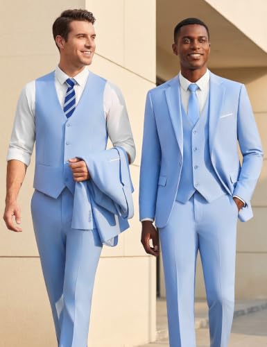 Image of WULFUL Men's Slim Fit Suit One Button 3-Piece Blazer Dress Business Wedding Party Jacket Vest & Pant
