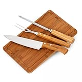 Kit para Churrasco 4 Peças, Faca, Garfo 26cm, Chaira, Tábua de Bambu com Sulco e Alça em Aço