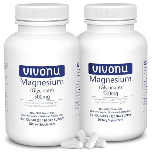 Image of VivoNu Magnesium Glycinate 500mg, Magnesium Supplement with Vitamin B6 for High Absorption, Supports Stress* Relief, Sleep, Muscle, Calm, Relaxation, Nerves* & Metabolism, Non-GMO, 240 Capsules
