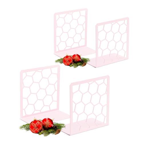 Image of Premium Bookends Geometric Honeycomb Metal Book Ends (Pink, 2 Pairs) Book End for Shelves