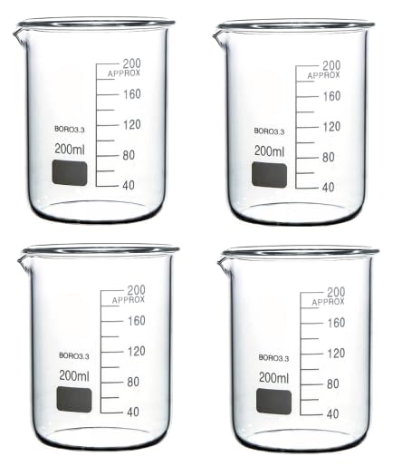 Borosilicate Glass Beakers 200ml, 4 Pack, Lab Glassware for Biology Chemistry