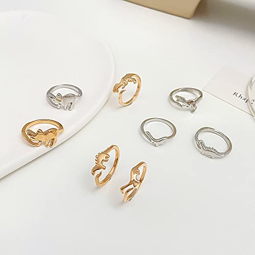 Image of COLORFUL BLING Butterfly Knuckle Stacking Rings Set Knuckle Heart Lightning Dinosaur Adjustable for him and her Couples Friendship Best Friends Matching Promise Love Wedding Jewelry