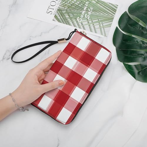 Red Checkered White Squares Wristlet Long Wallet Womens Purse Zip Clutch Large Capacity Leather Purse Credit Coin Purse4