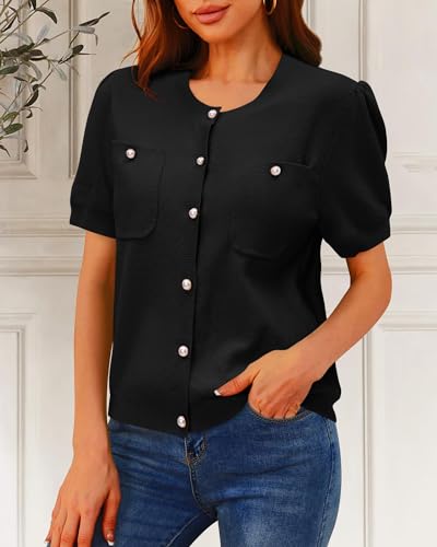 Newshows Womens Summer Cardigan Sweaters Lightweight Short Sleeve Button Down Shirts Ribbed Knit Blouse Tops 2024 Trendy3