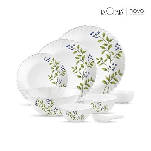 Image of La Opala Novo Collection Opal Glass Crockery | for Family of 6 | Dinner Set 35 pcs Lush Greens | Plates & Bowls for Dining | Microwave Safe | 100% Vegetarian | Extra Strong | Light & White