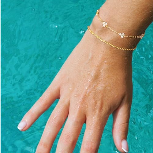 Bracelet for Women - Dainty Stack Bracelets Trendy Adjustable 14K Gold Plated Thin Paperclip Bead Box Satellite Figaro Cuban Link Chain Bracelet Set for Women Waterproof Jewelry Gift