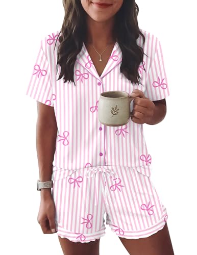 Image of Ekouaer Womens Pajama Sets Button Down Short Sleeve Top and Shorts Cute Ruffled Pjs Sets Sleepwear