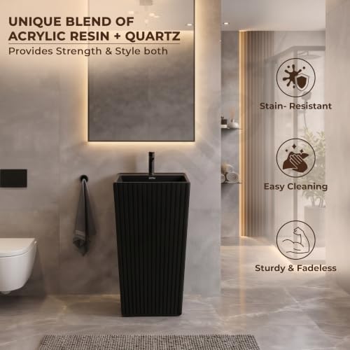Image of Plantex Acrylic Resin & Quartz Free Standing Wash Basin /Pedestal Wash Basin /Square Basin for Bathroom /Home /Office /Hotel - (10049, Black)