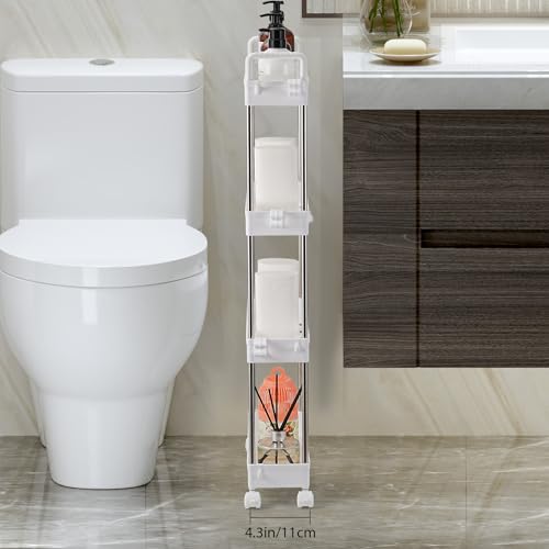4-Tier Slim Storage Trolley Slide Out Rolling Utility Shelf Rack Storage Cart on Wheels Mobile Shelving Space Organizer for Kitchen/Bathroom/Laundry Room/Office,Plastic & Stainless Steel (White S) - Image 6