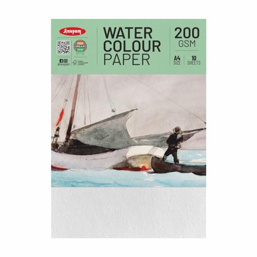Image of Anupam Professional Watercolour Paper | A4 (30X21CM) 200 GSM Cold Pressed Paper |Acid-Free 10 Sheets| Ideal for Artist, Professional Drawing, Painting Dry & Wet, Fine Art, School, Students