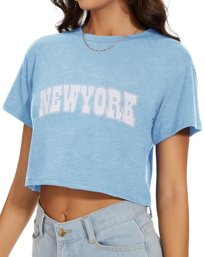 Image of Womens Summer Crop Tops Short Sleeve Round Neck T-Shirts Loose Fit Casual Blouse 2026