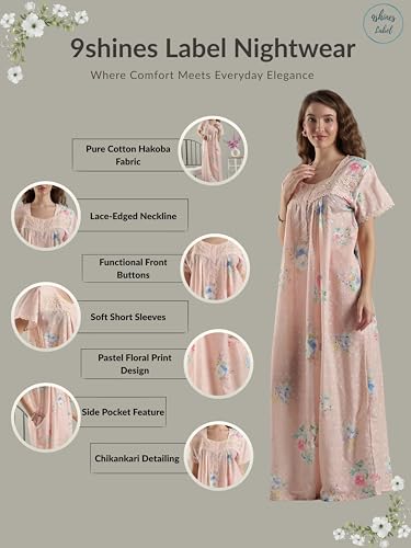 Image of 9shines Label Stylish Chikankari Cotton Nighty Maxi for Women | Full Length Nightgown | Nightdress with Pocket | Embroidery Nighty | Soft Comfortable Cotton Nightwear (1545)