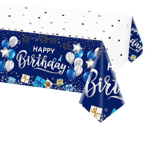 POPOYU Plastique Nappe Rectangulaire Anniversaire,137x274cm Nappe Blanche Fête Bleu Decoration Joyeux Anniversaire,Jetables Nappes Décorées de Fête pour...