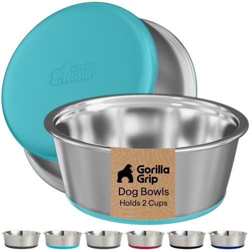 Image of GORILLA GRIP Dog Bowls, Food Grade 304 Stainless Steel Holds 2 Cups Each (16 fl oz) Food and Water Bowl for Feeding Dogs and Cats Dishwasher Safe Rust Resistant BPA Free Rubber Base Set of 2 Turquoise