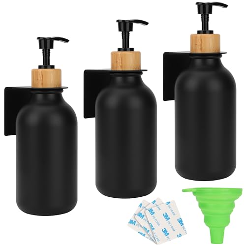 Belle Vous Paquete de 3 dispensadores de champú y acondicionador con etiquetas, botellas de ducha negras recargables de 475 ml con bombas, dispensadores de baño para lavado corporal, jabón líquido,